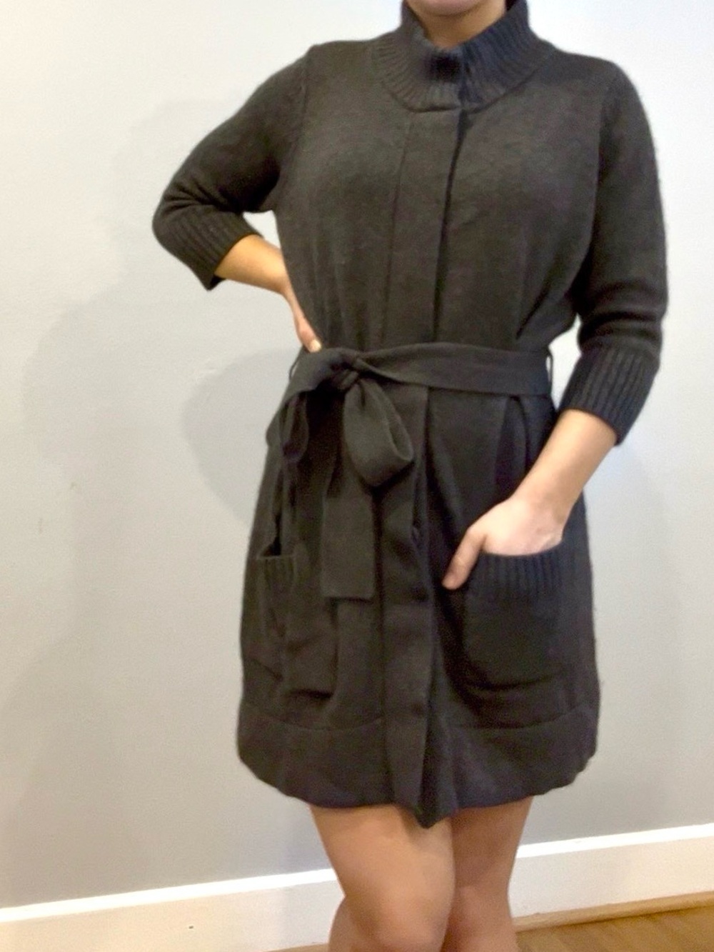 Gray Ribbed Turtleneck Sweater M - L silk angora wool belt dress 3/4 sleeve